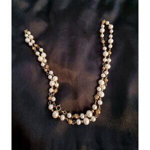 Vintage TRIFARI 1990s Faux Pearl Gold Tone Filigree Link Long Strand Necklace